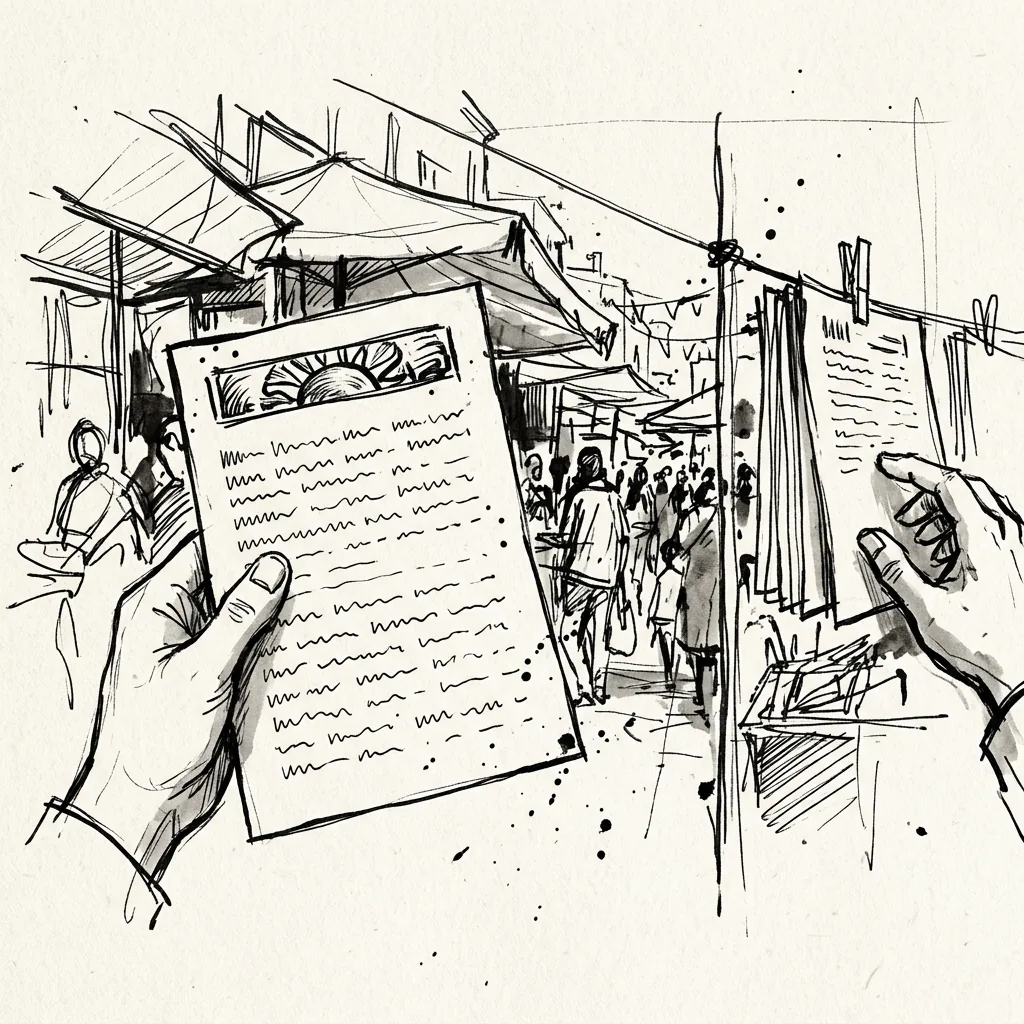 Ink sketch of hands holding a printed ballad sheet at an outdoor market stall with sheets pegged on a line.