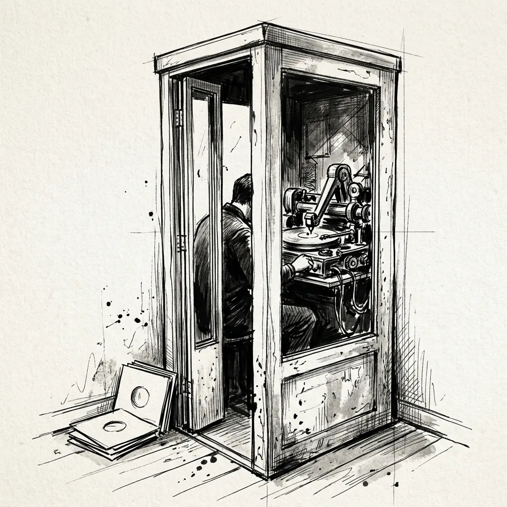 Ink sketch of a narrow recording booth with its door open, showing a figure inside recording a disc and paper sleeves on the floor.