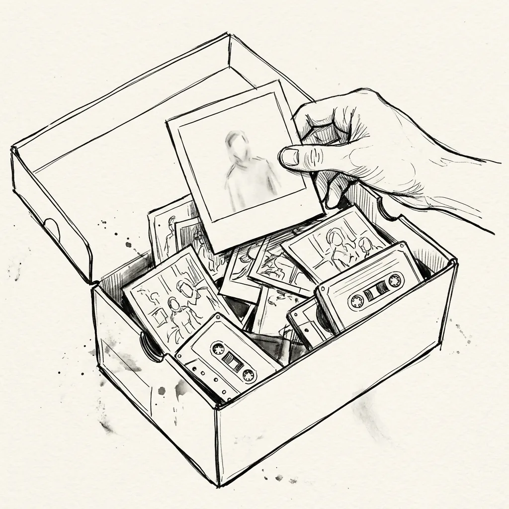 Ink sketch of a hand reaching into an open shoebox of cassette tapes to lift out an instant photograph.