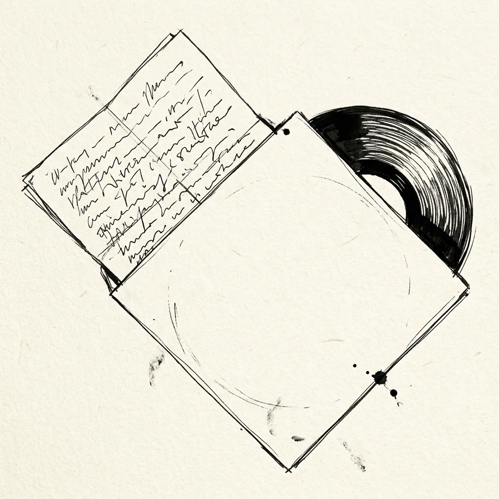 Ink sketch of a folded paper note and a vinyl record sliding out of a square paper sleeve.