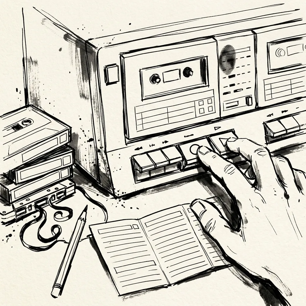 Ink sketch of a hand pressing record on a dual cassette deck beside a stack of tapes and an unfolded paper insert.