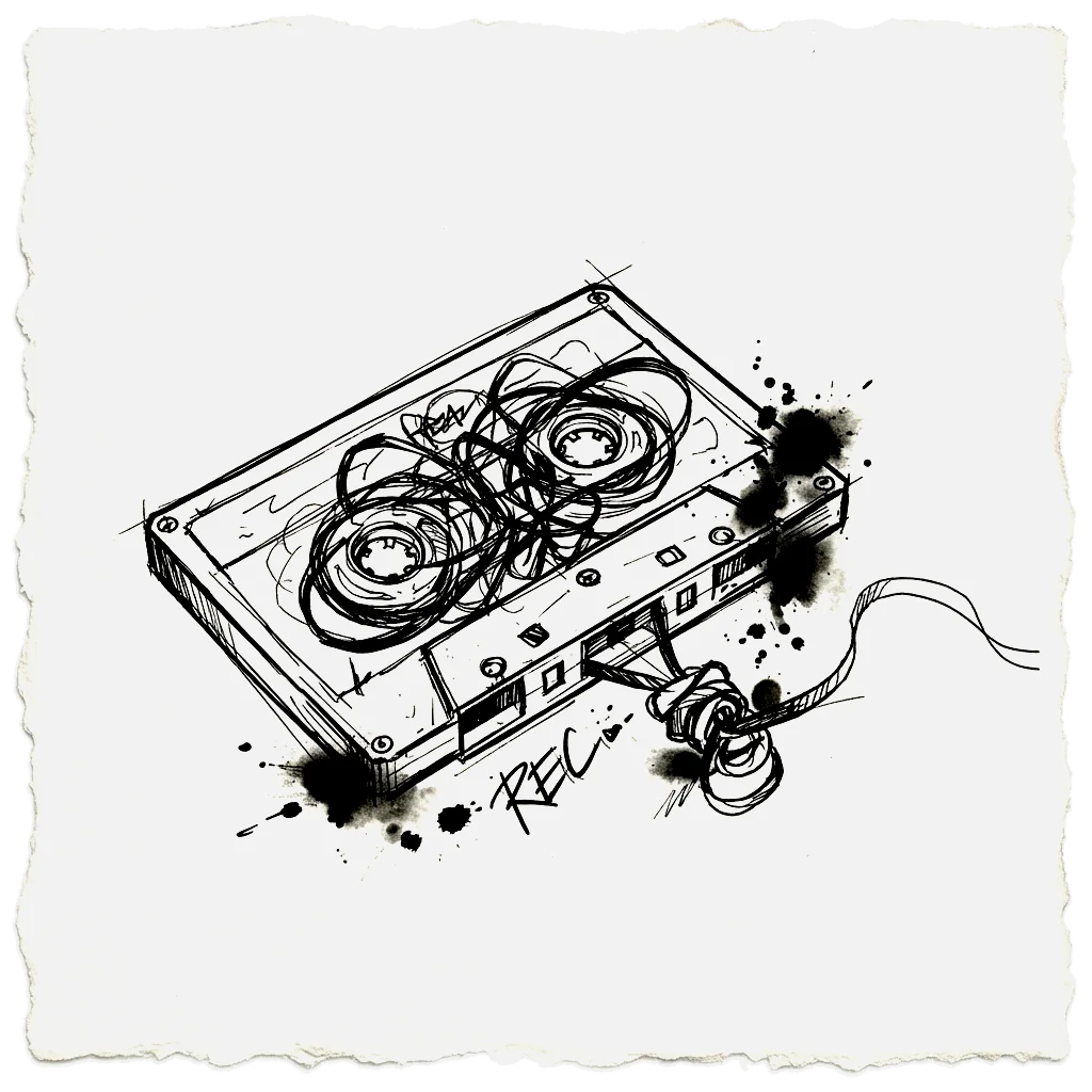 Ink sketch of a cassette tape lying at an angle with its tape pulled out and knotted, the word REC scrawled underneath.
